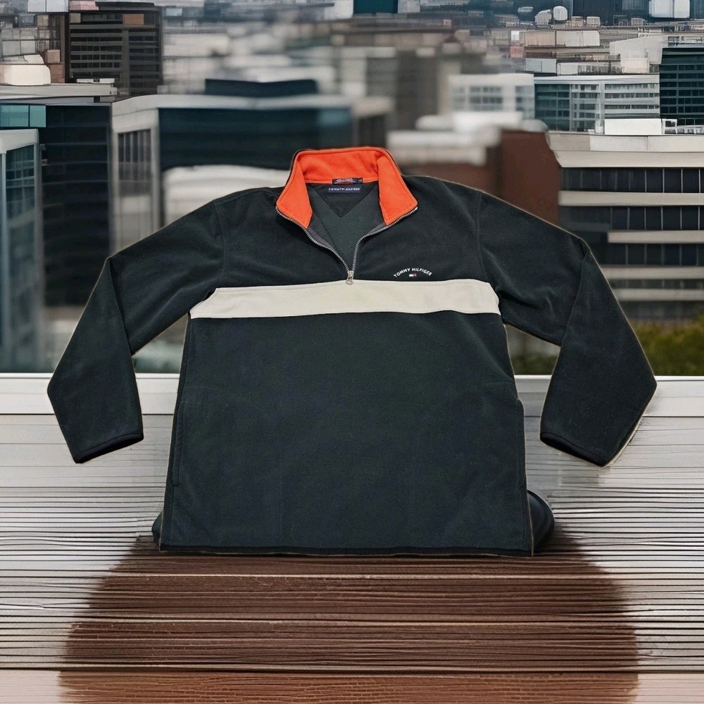 Vintage Tommy Hilfiger Jacket Men's Large Fleece Quarter Zip Pullover‎ Baggy Y2K
